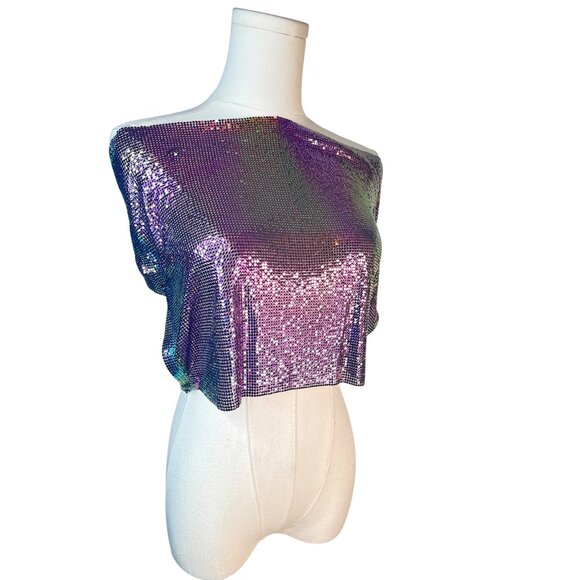 2/$30 Nwt XS Iridescent Purple Sequin Metallic Crop Top Chain Details Open Back - Picture 4 of 8